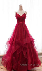 Burgundy v neck tulle long prom Dresses burgundy Prom Dresses