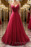 Burgundy v  neck tulle long prom dress, burgundy tulle formal dress