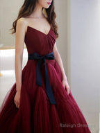 Burgundy V Neck  Tulle Long Prom Dress, Burgundy Tulle Formal Evening Dress