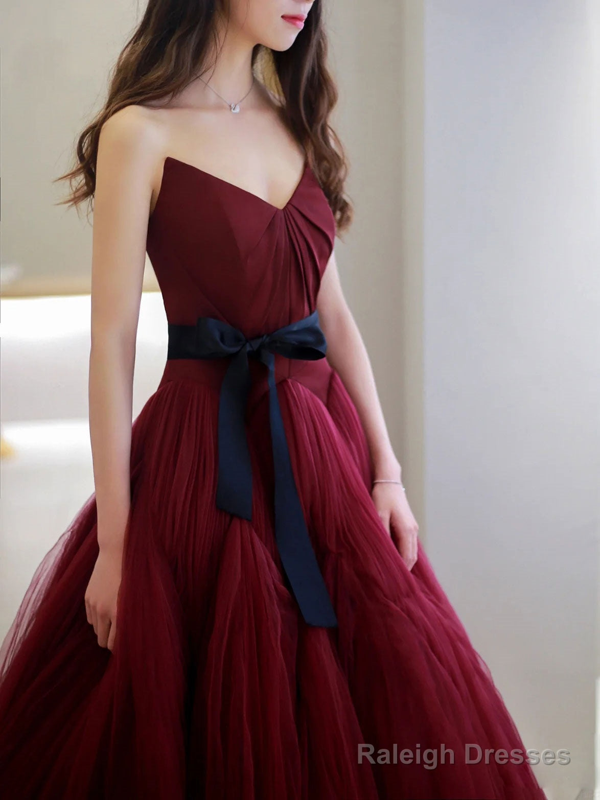 Burgundy V Neck  Tulle Long Prom Dress, Burgundy Tulle Formal Evening Dress