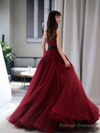 Burgundy V Neck  Tulle Long Prom Dress, Burgundy Tulle Formal Evening Dress