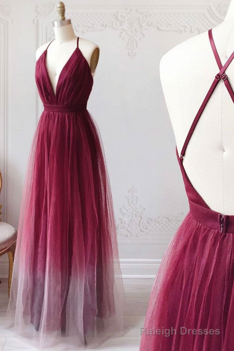 Burgundy V Neck Tulle Long Prom Dress Burgundy Tulle Long Formal Dress Main image