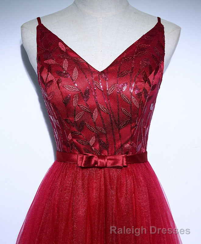 Burgundy V Neck Tulle Long Prom Dress, Evening Dress