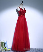 Burgundy V Neck Tulle Long Prom Dress, Evening Dress