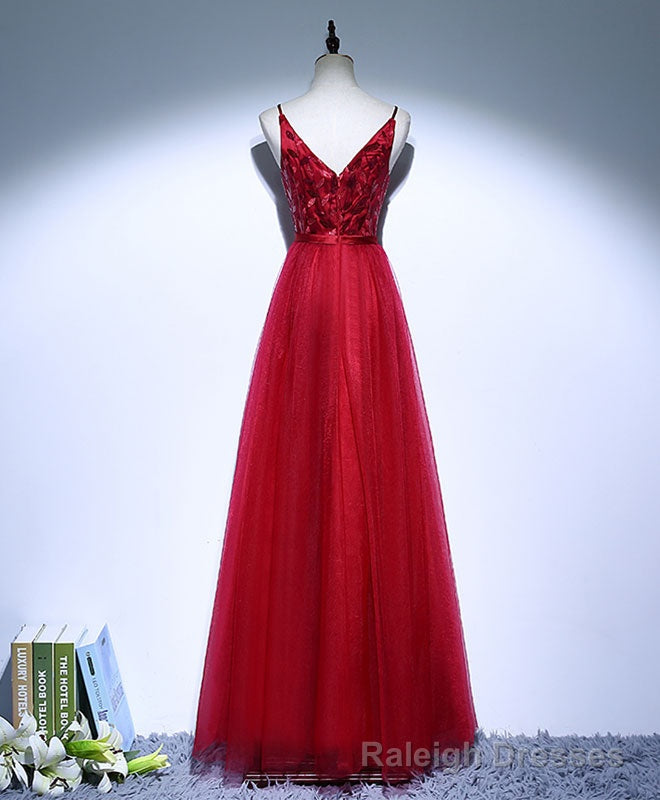 Burgundy V Neck Tulle Long Prom Dress, Evening Dress