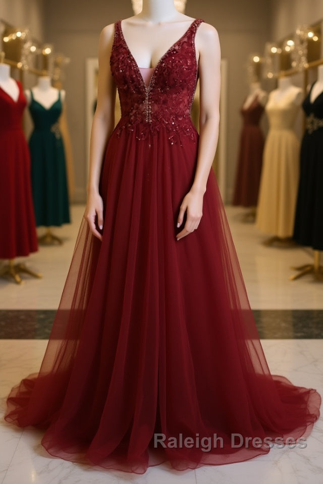 Burgundy v neck tulle sequin lace long prom dress