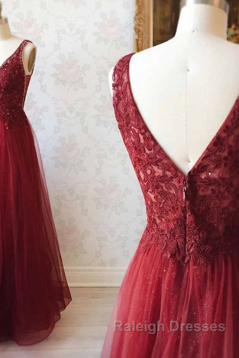 Burgundy v neck tulle sequin lace long prom Dresses