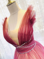 Burgundy V Neck Tulle Sequin Long Formal Prom Dress Burgundy Formal Dress