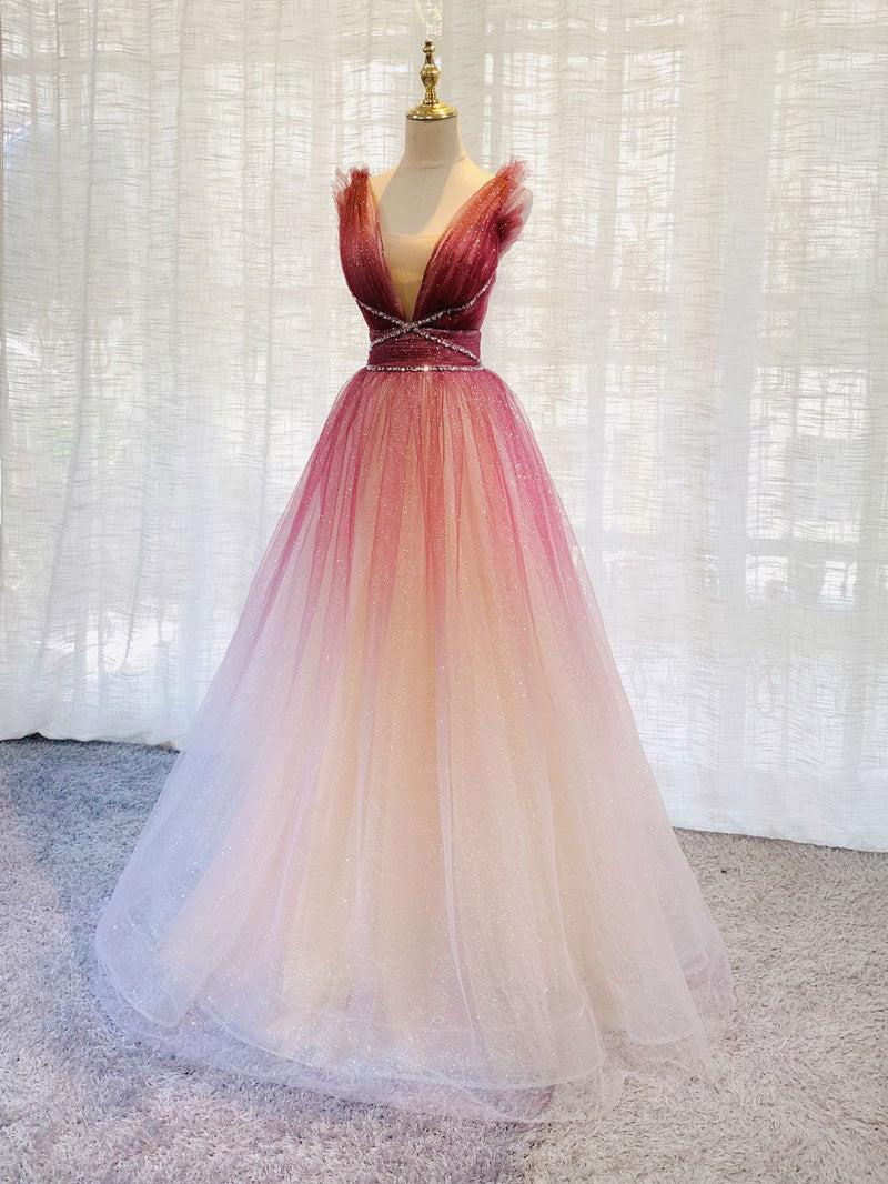 Burgundy V Neck Tulle Sequin Long Formal Prom Dress Burgundy Formal Dress