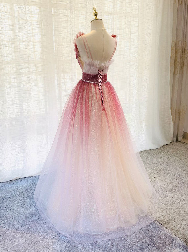 Burgundy V Neck Tulle Sequin Long Formal Prom Dress Burgundy Formal Dress