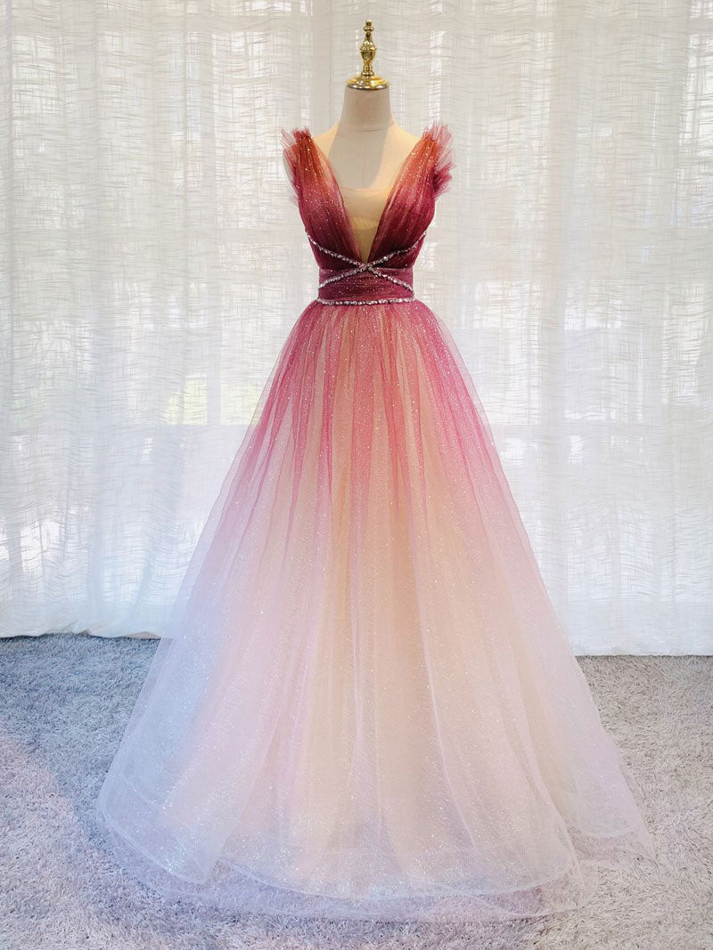 Burgundy V Neck Tulle Sequin Long Formal Prom Dress Burgundy Formal Dress Main image