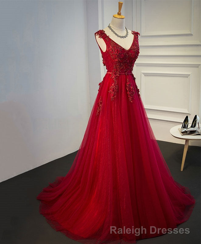 Burgundy V Neck Tulle Short Long Dress, Burgundy Prom Dress