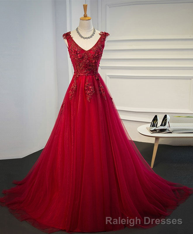 Burgundy V Neck Tulle Short Long Dress, Burgundy Prom Dress Main image