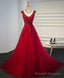 Burgundy V Neck Tulle Short Long Dress, Burgundy Prom Dress