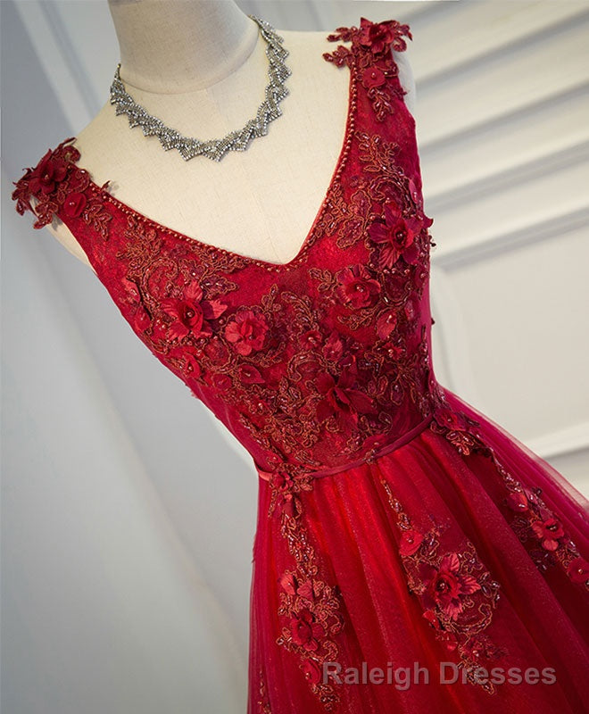 Burgundy V Neck Tulle Short Long Dress, Burgundy Evening Dress