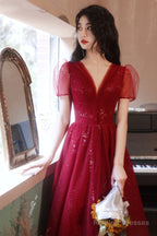 Burgundy V-Neck Tulle Short Prom Dresses A-Line Homecoming Prom Dresses