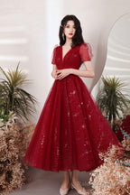 Burgundy V-Neck Tulle Short Prom Dress, A-Line Homecoming Party Dress