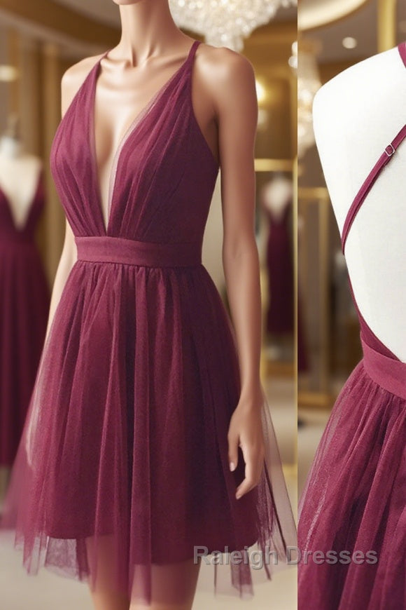 Burgundy v neck tulle short prom Dresses burgundy homecoming Dresses Main image