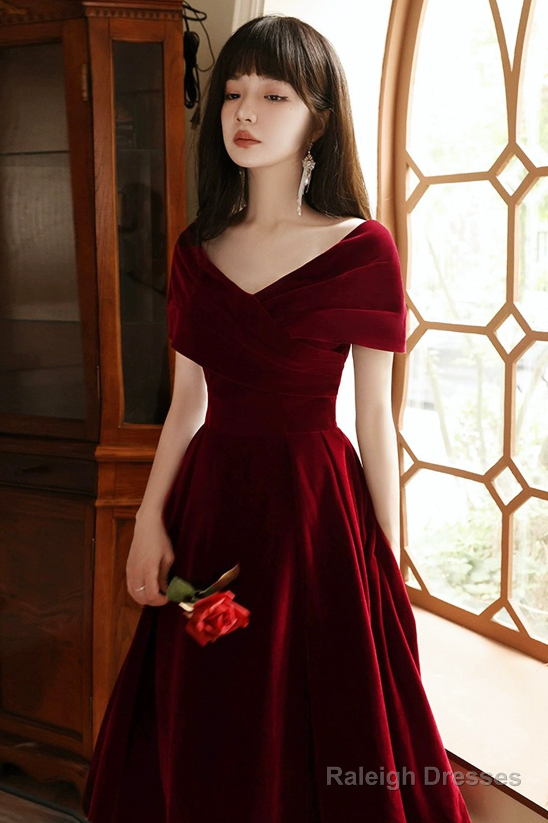 Burgundy V-Neck Velvet Floor Length Prom Dress, Off The Shoulder Evening Party Dress Secondary image