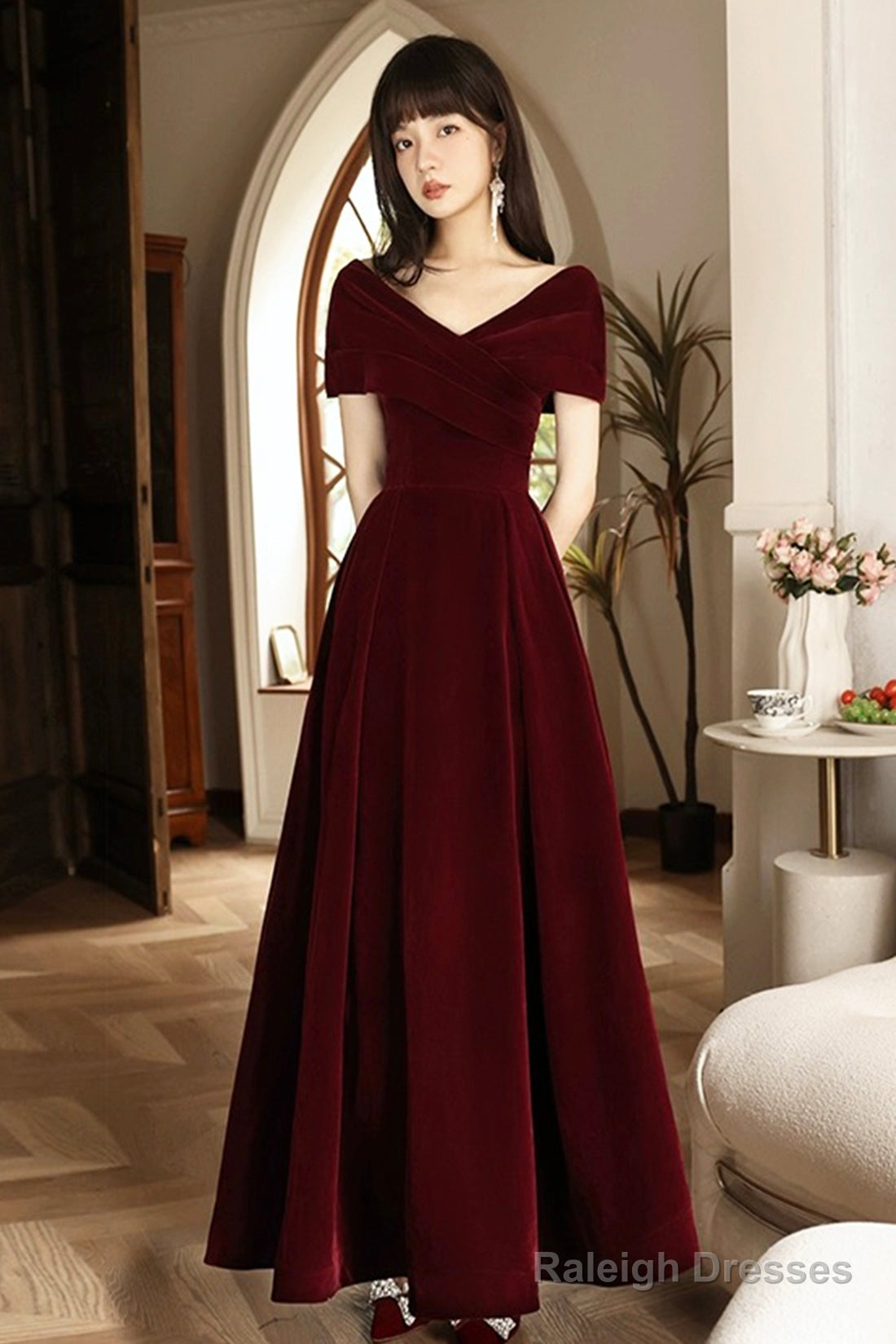 Burgundy V-Neck Velvet Floor Length Prom Dress, Off The Shoulder Evening Party Dress Main image