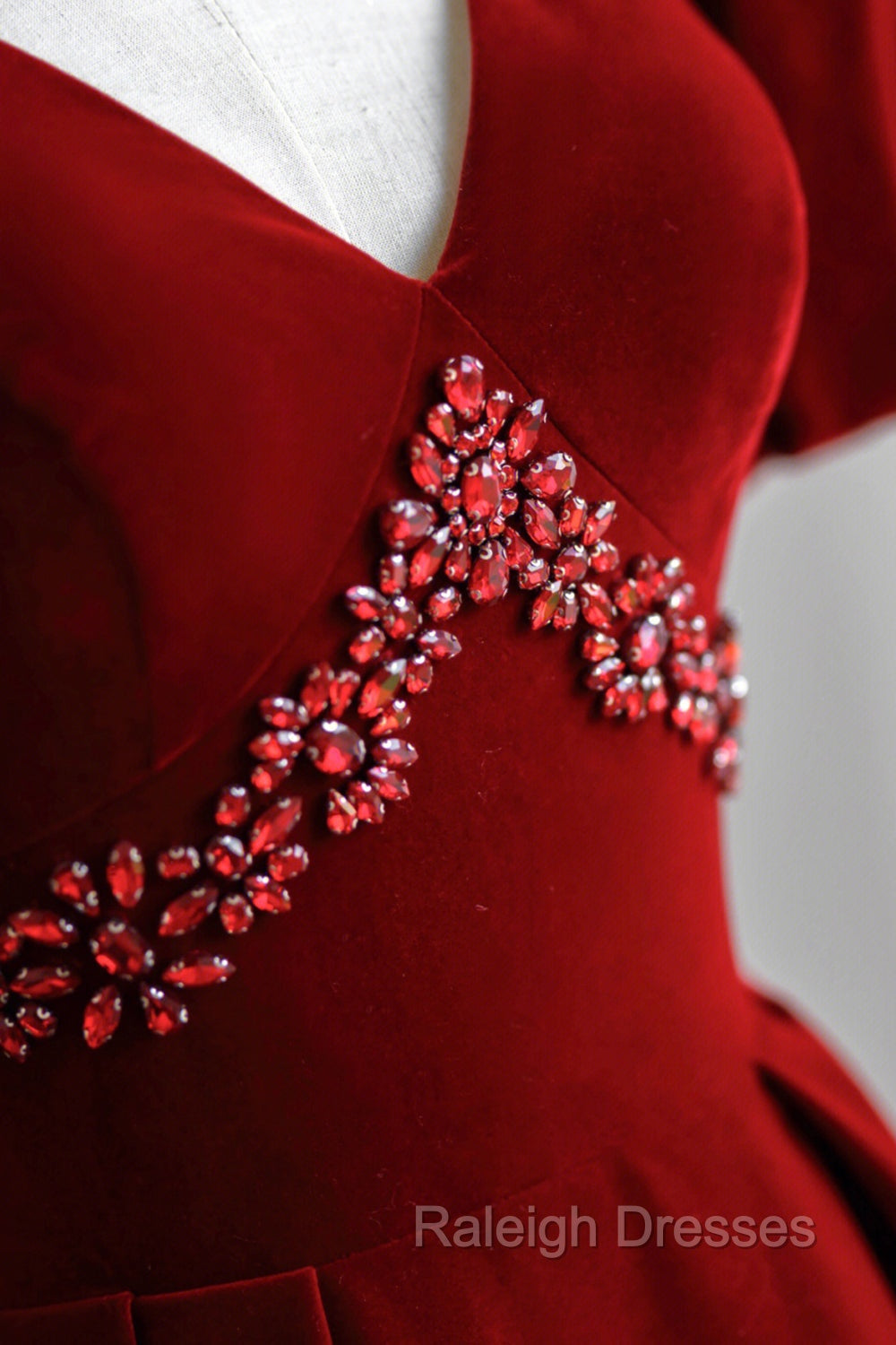 Burgundy V-Neck Velvet Long Formal Dress, A-Line Short Sleeve Evening Dress Secondary image