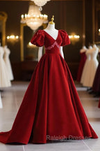 Burgundy V-Neck Velvet Long Formal Dress, A-Line Short Sleeve Evening Dress