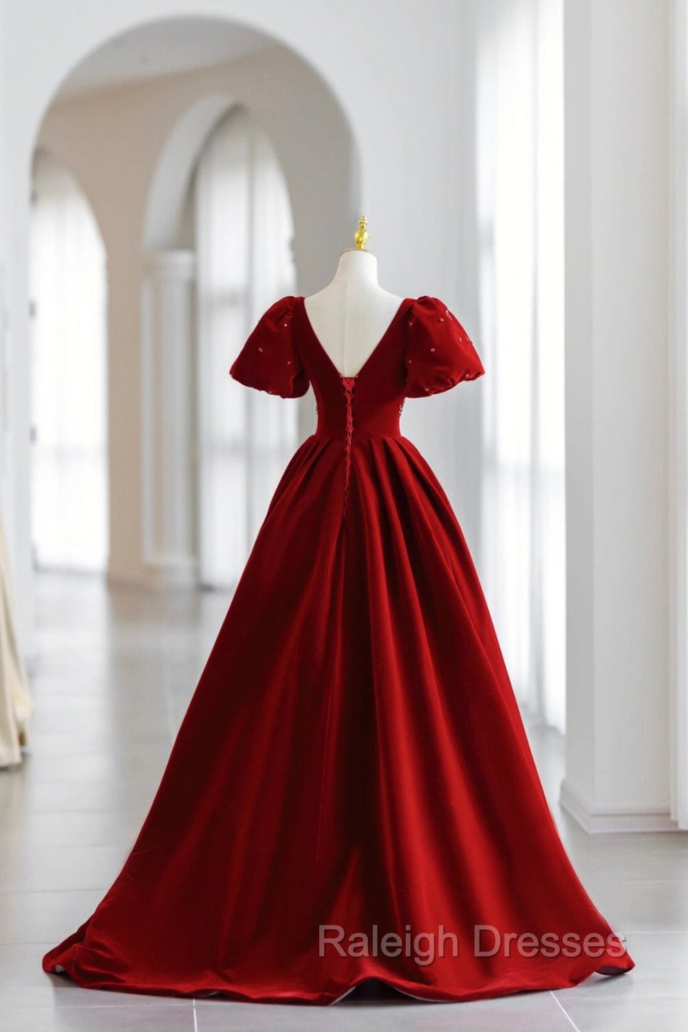 Burgundy V Neck Velvet Long Formal Dress, A Line Short Sleeve Prom Dress