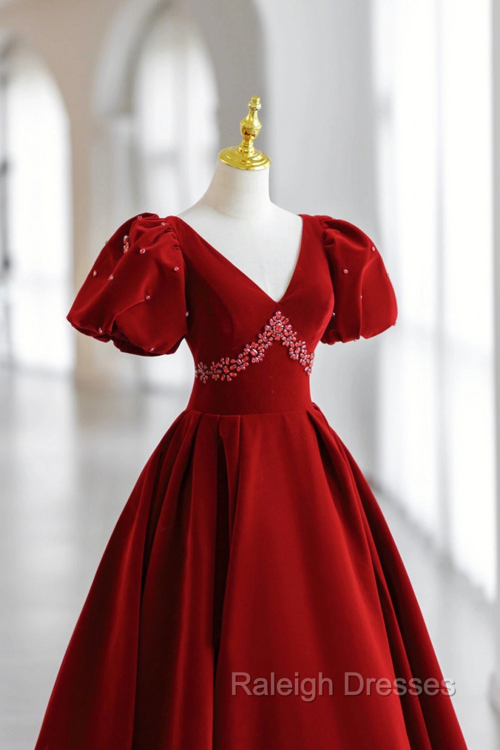 Burgundy V-Neck Velvet Long Formal Dress, A-Line Short Sleeve Evening Dress Main image