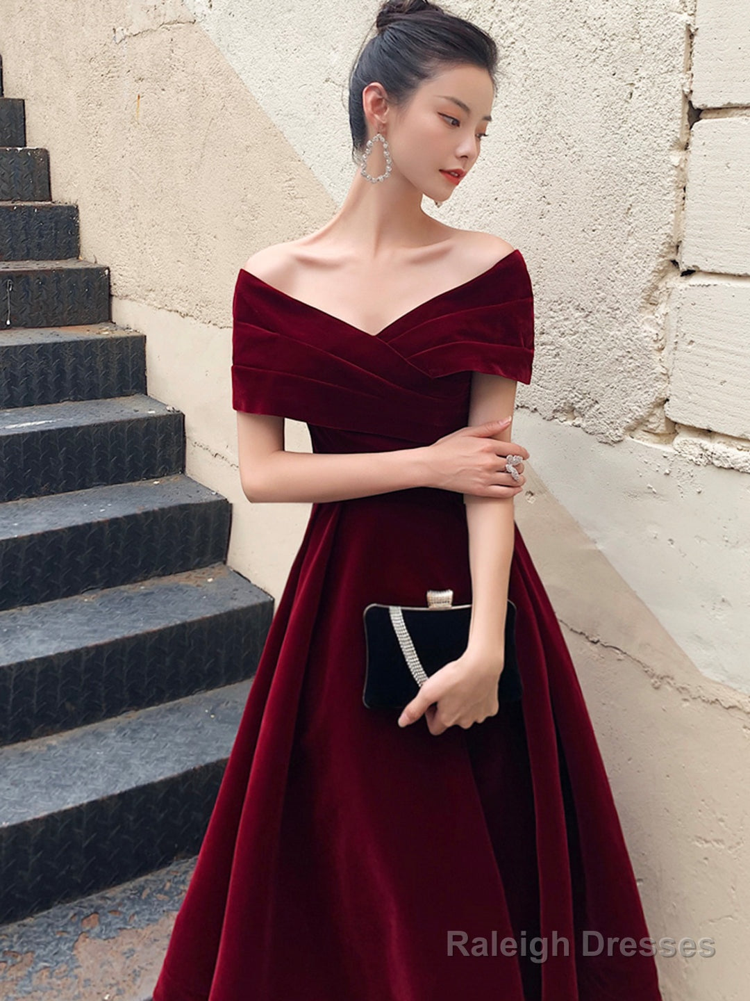 Burgundy V-Neck Velvet Long Prom Dress, Off Shoulder Evening Party Dress Secondary image