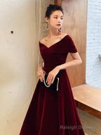 Burgundy V-Neck Velvet Long Prom Dress, Off Shoulder Evening Party Dress
