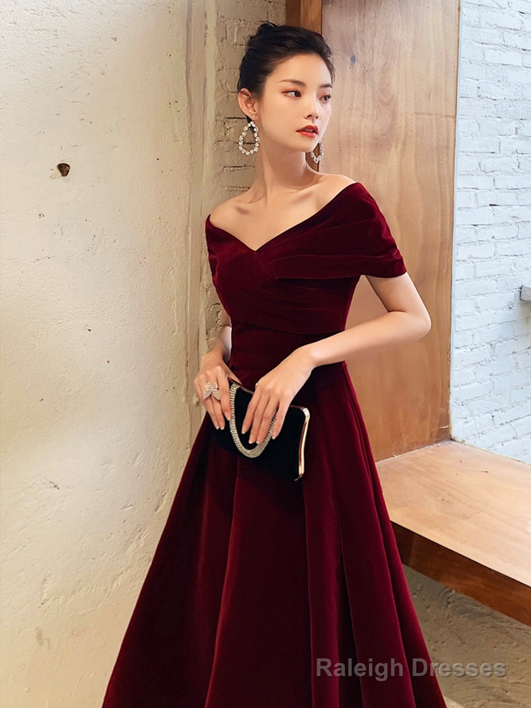 Burgundy V-Neck Velvet Long Prom Dress, Off Shoulder Evening Party Dress