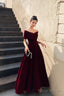 Burgundy V-Neck Velvet Long Prom Dress, Off Shoulder Evening Party Dress