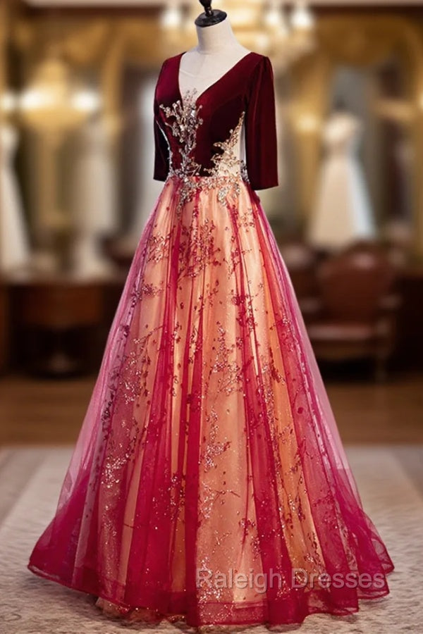 Burgundy V-Neck Velvet Tulle Long Prom Dress, A-Line 1/2 Sleeve Evening Dress Secondary image