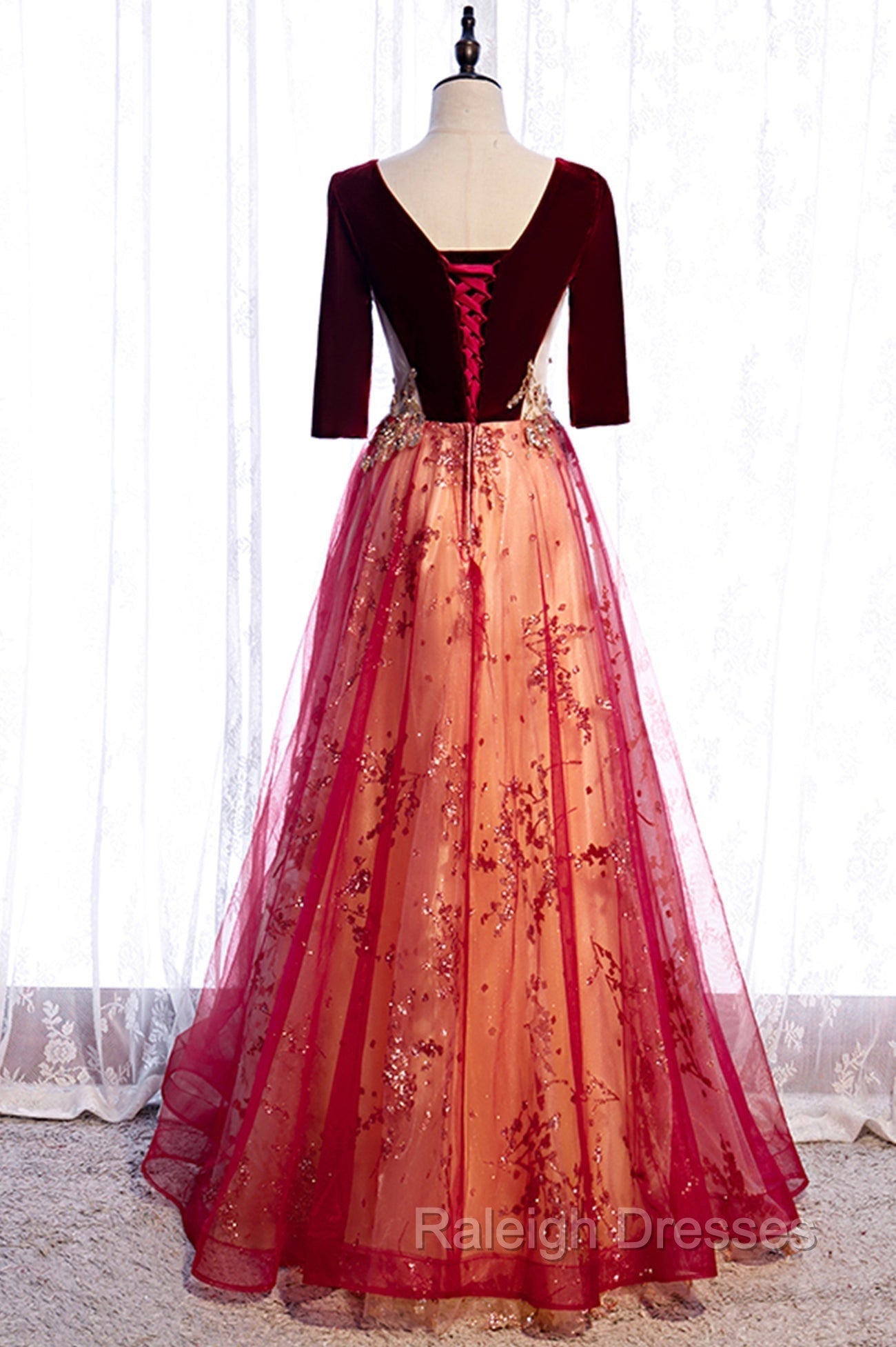 Burgundy V Neck Velvet Tulle Long Prom Dress, A Line 1/2 Sleeve Prom Dress