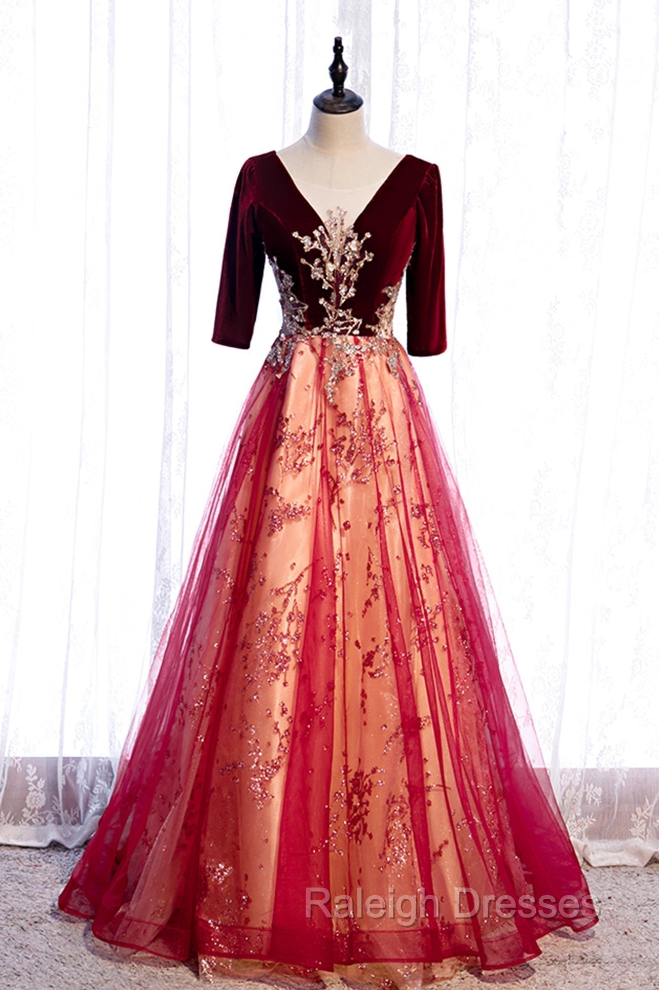 Burgundy V-Neck Velvet Tulle Long Prom Dress, A-Line 1/2 Sleeve Evening Dress Main image