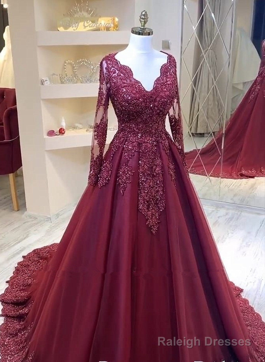 Burgundy V-Neckline Tulle Long Sleeves With Lace Prom Dresses Burgundy Wedding Prom Dresses