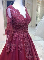 Burgundy V-Neckline Tulle Long Sleeves With Lace Prom Dresses Burgundy Wedding Prom Dresses