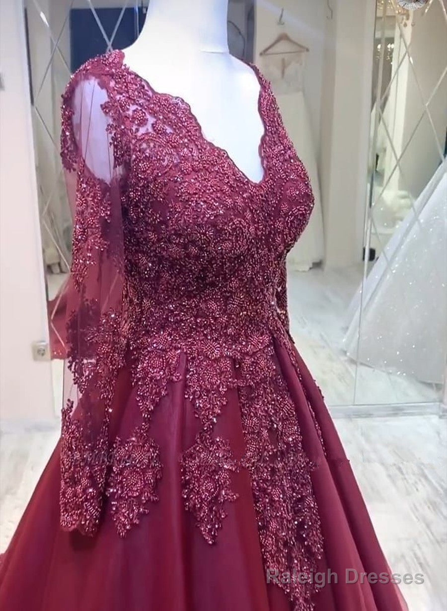 Burgundy V-Neckline Tulle Long Sleeves With Lace Prom Dresses Burgundy Wedding Prom Dresses