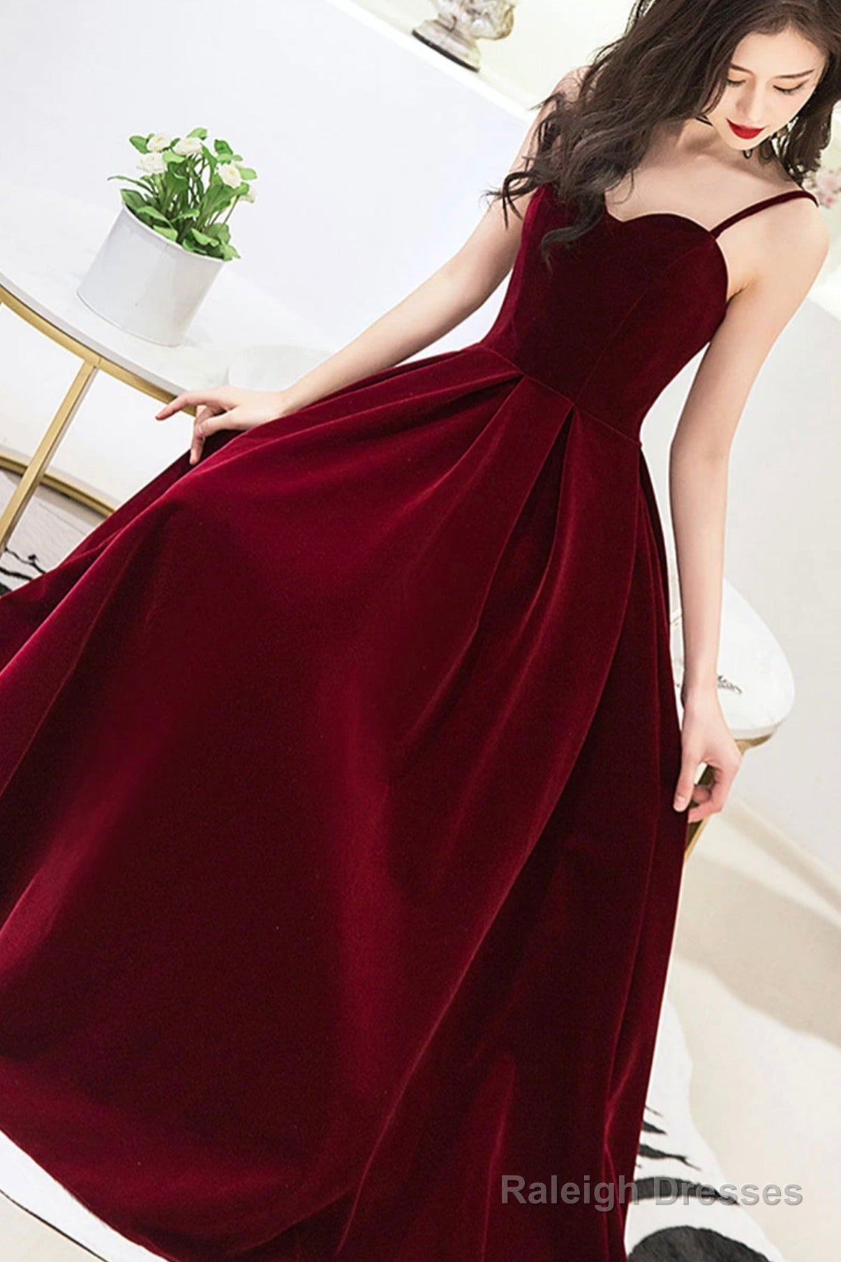 Burgundy Velvet A-Line Prom Dresses, Burgundy Evening Dresses Secondary image