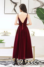 Burgundy Velvet A-Line Prom Dresses, Burgundy Evening Dresses