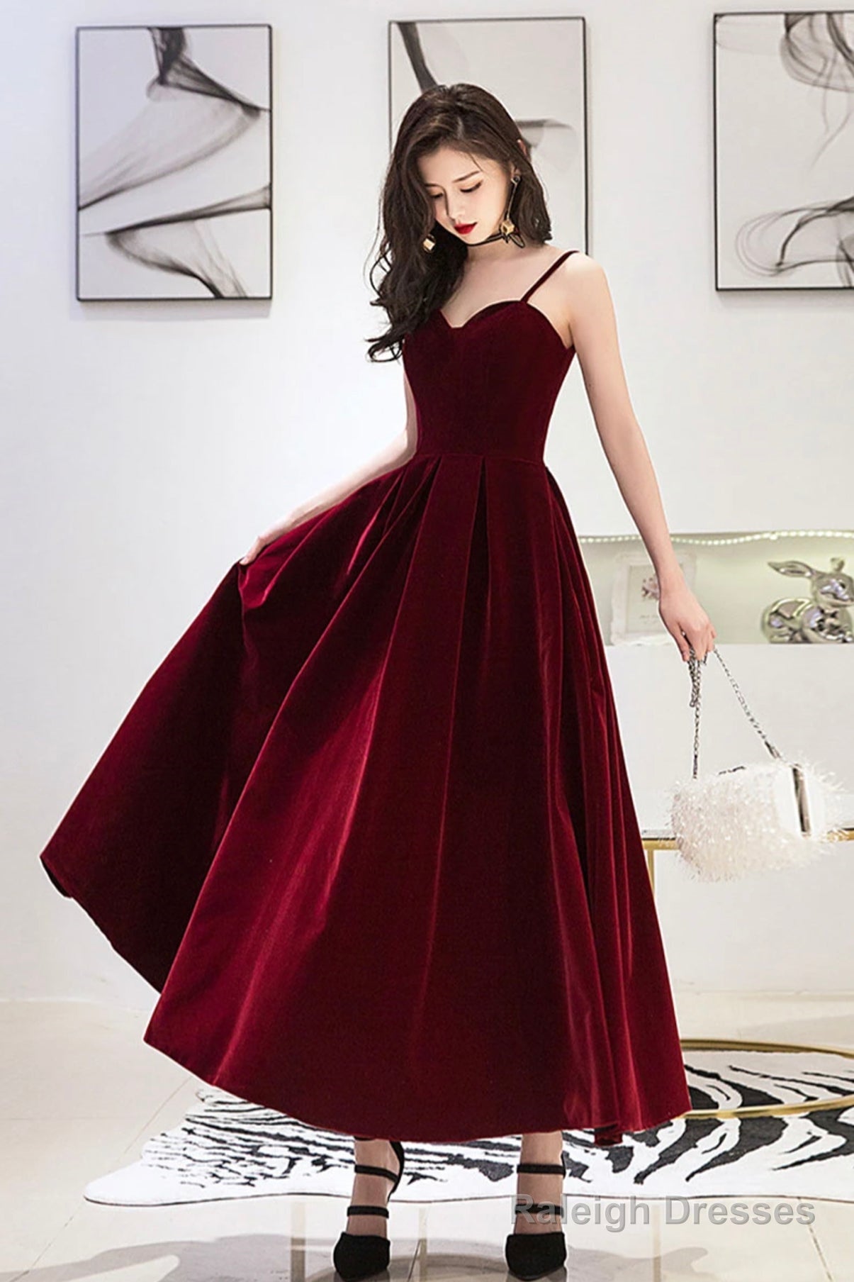 Burgundy Velvet A-Line Prom Dresses, Burgundy Evening Dresses Main image