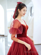 Burgundy Velvet And Tulle Floor Length Prom Dress, Beautiful Off The Shoulder Evening Party Dress