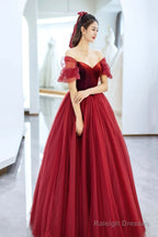 Burgundy Velvet And Tulle Floor Length Prom Dress, Beautiful Off The Shoulder Evening Party Dress