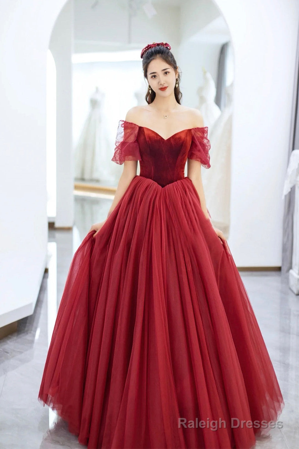 Burgundy Velvet And Tulle Floor Length Prom Dress, Beautiful Off The Shoulder Evening Party Dress Main image