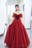 Burgundy Velvet And Tulle Floor Length Prom Dress, Beautiful Off The Shoulder Evening Party Dress