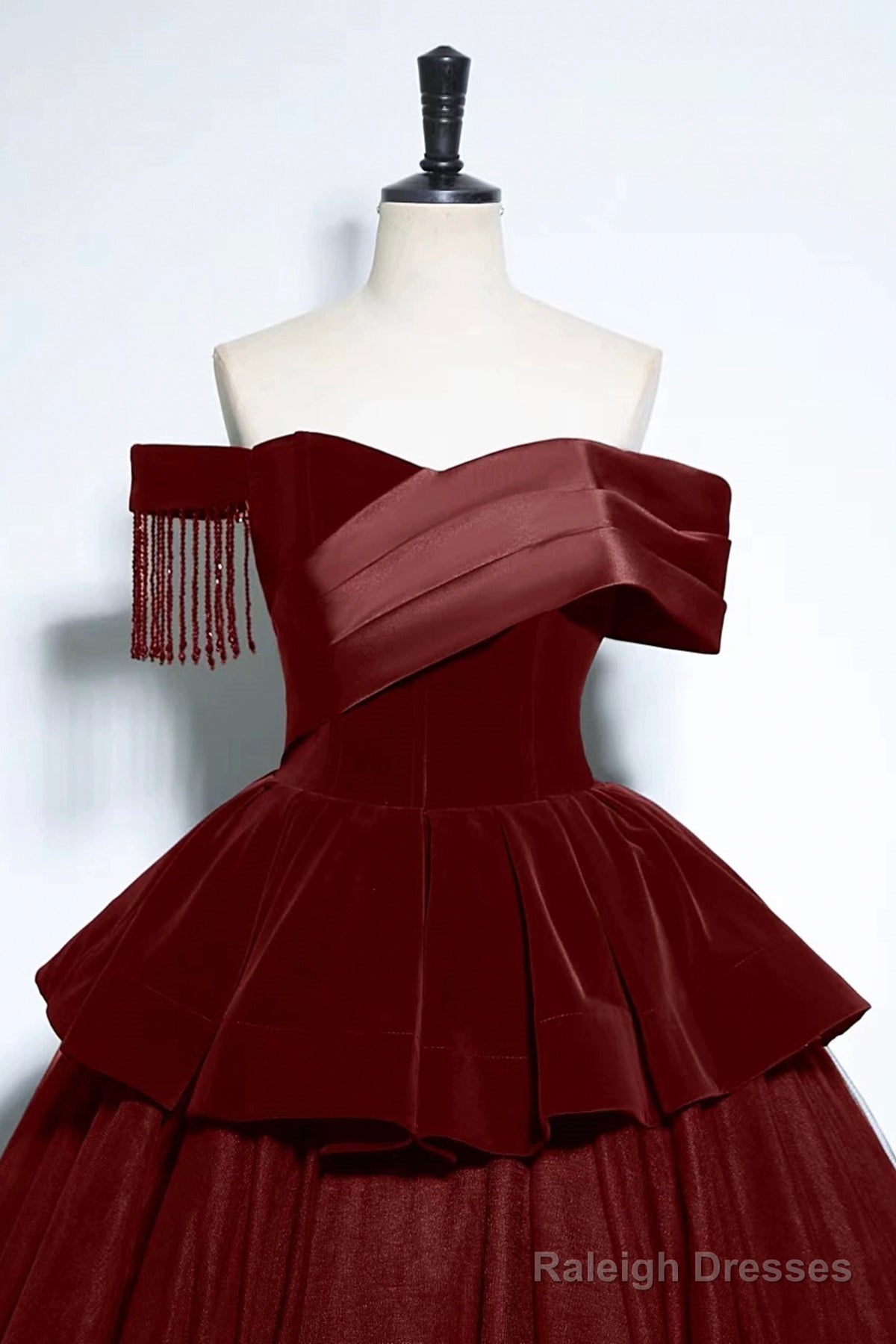 Burgundy Velvet And Tulle Long Formal Dress, A-Line Off The Shoulder Evening Party Dress