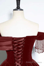 Burgundy Velvet And Tulle Long Formal Dress, A-Line Off The Shoulder Evening Party Dress