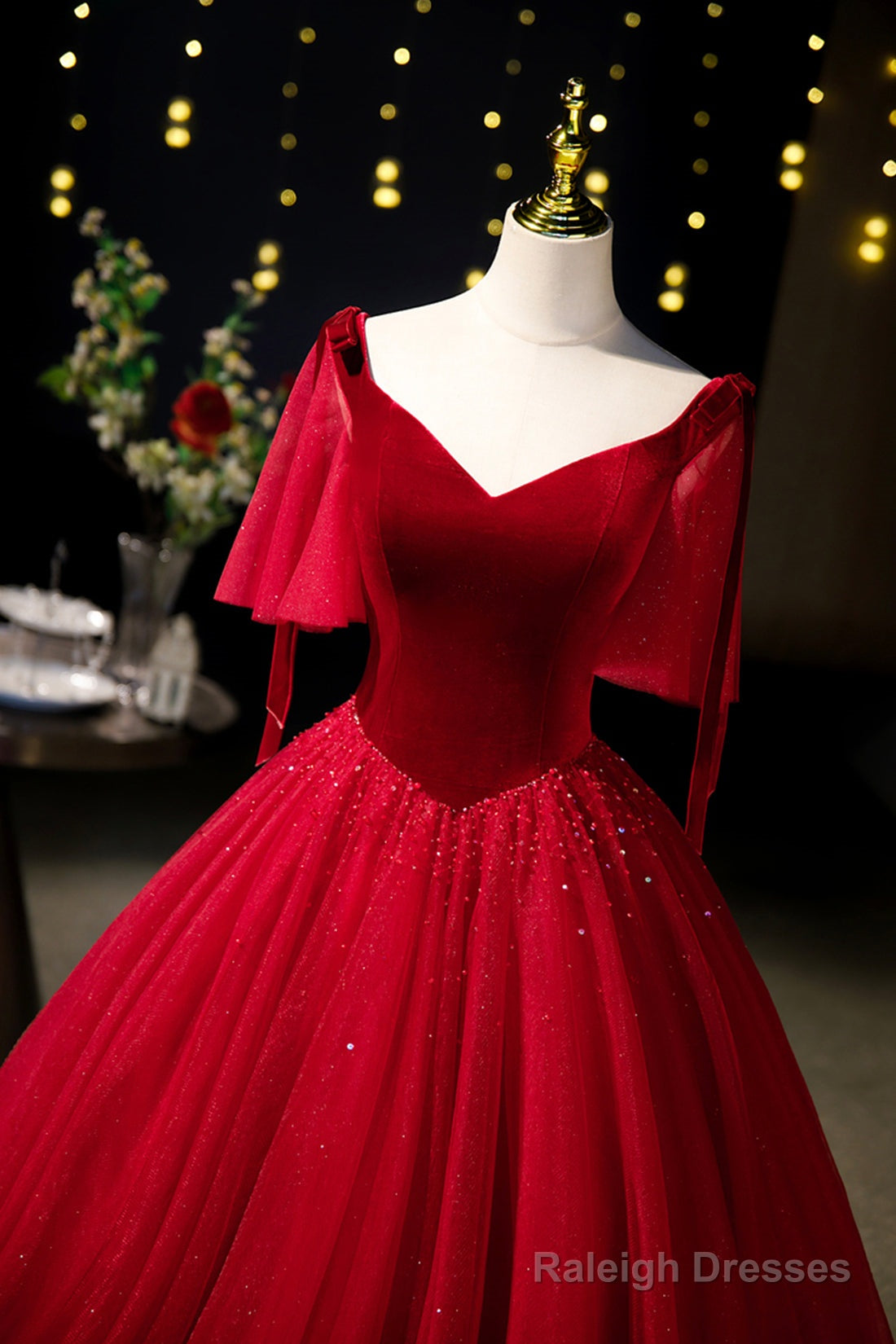 Burgundy Velvet And Tulle Long Prom Dress, A-Line V-Neck Formal Evening Dress Secondary image