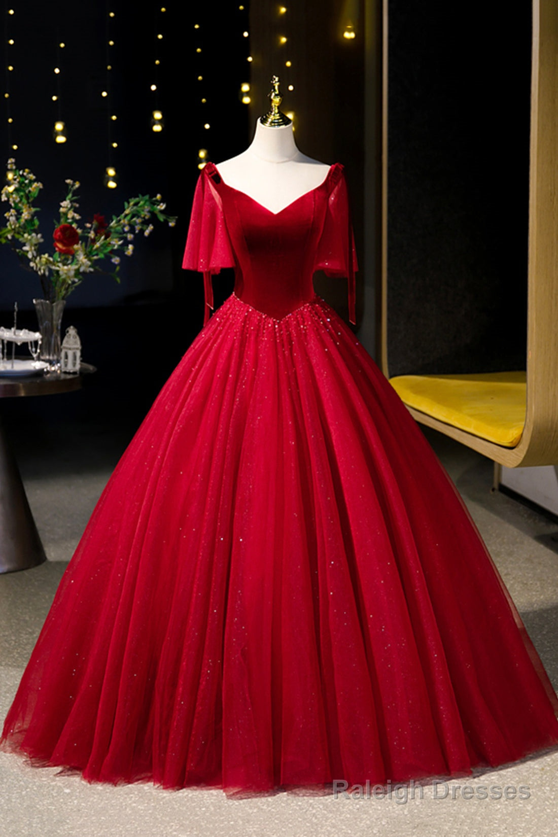 Burgundy Velvet And Tulle Long Prom Dress, A-Line V-Neck Formal Evening Dress Main image
