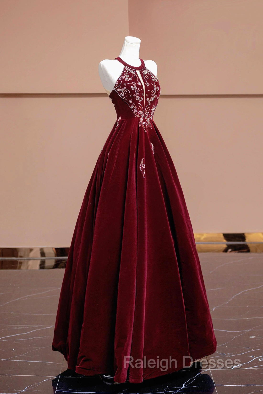Burgundy Velvet Beaded Long Prom Dress, Elegant A-Line Evening Party Dress